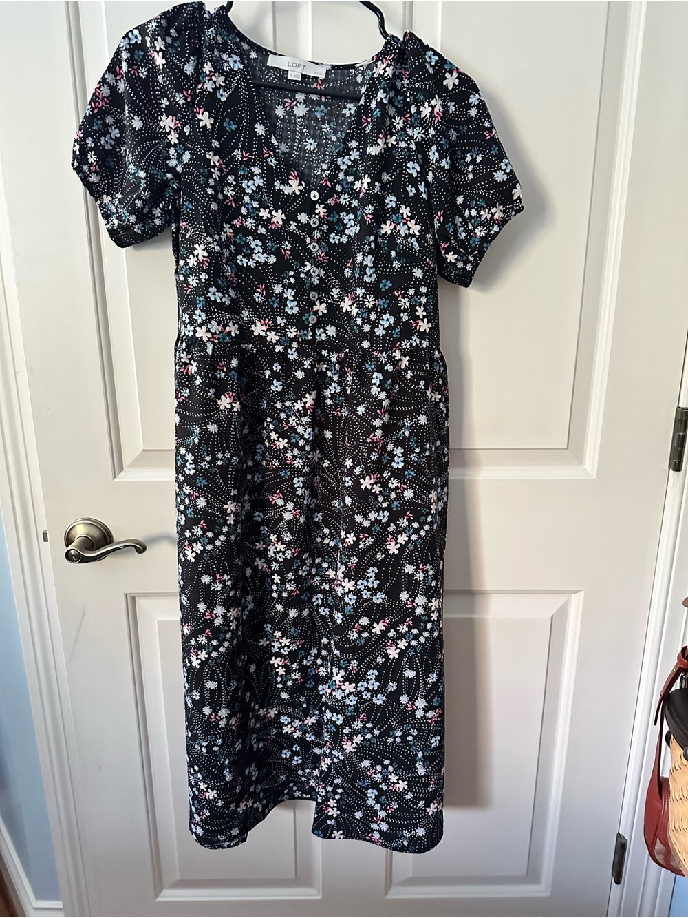 LOFT Black Floral Midi Dress Pink & Light Blue  small petite excellent condition